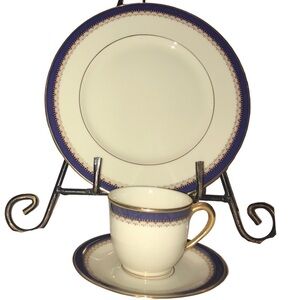 Vintage Lenox Jefferson Pattern 3Pc China Made in USA Cream White Blue Gold Trim